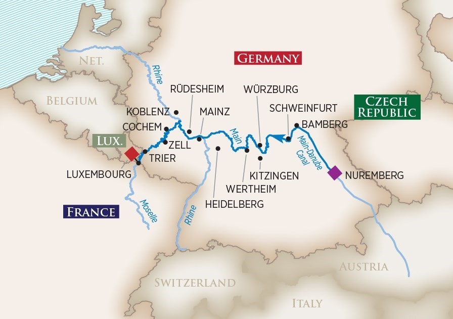Europe's rivers and castles cruise map